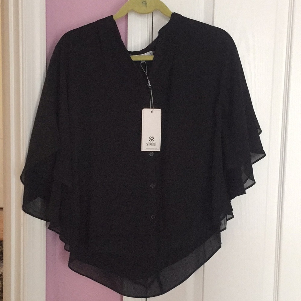 Black layered chiffon button down top.